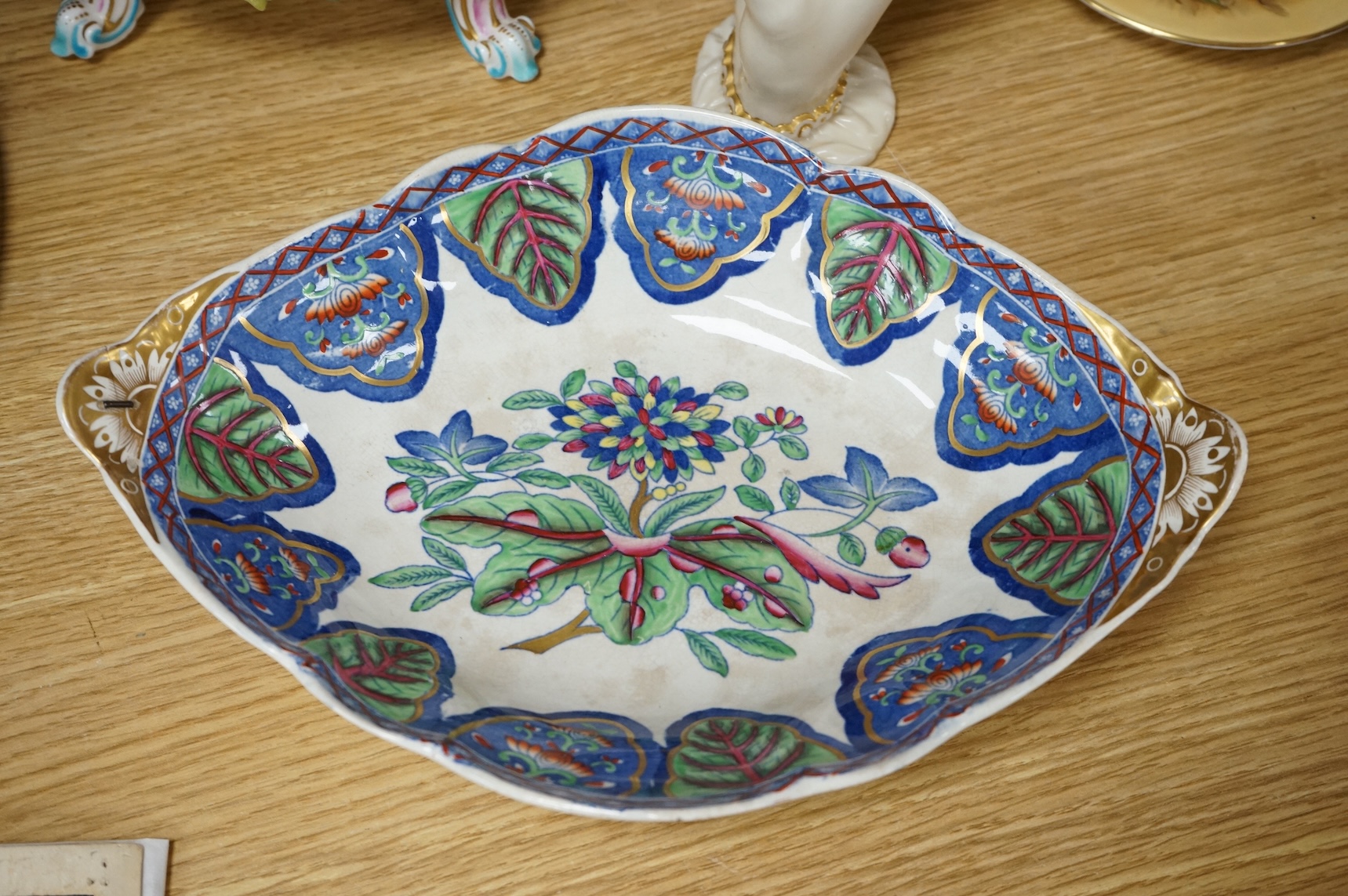 A Victorian Royal Worcester Hadley’s hand vase, a Spode dish and a Meissen style centre piece, largest 27cm wide